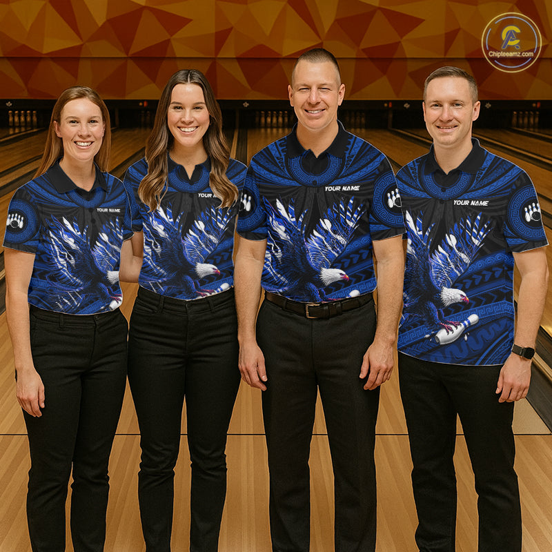 Custom Blue Tribal Pattern Polynesian Eagle Bowling Men Polo Quarter-Zip Shirts, Bowling Team Attire NYN3688
