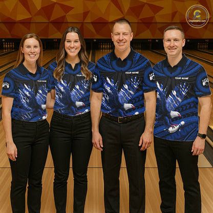 Custom Blue Tribal Pattern Polynesian Eagle Bowling Men Polo Quarter-Zip Shirts, Bowling Team Attire NYN3688