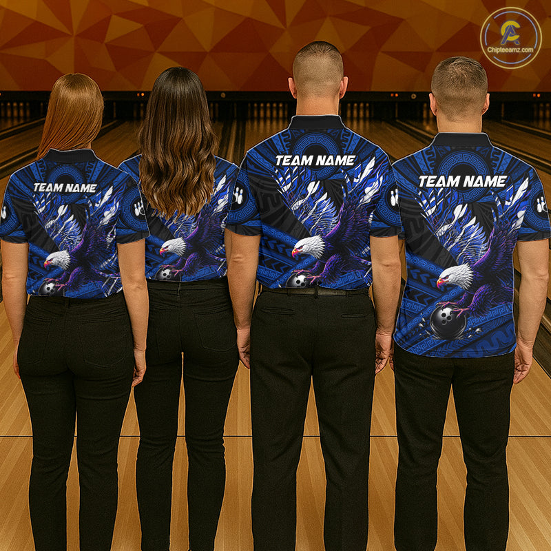 Custom Blue Tribal Pattern Polynesian Eagle Bowling Men Polo Quarter-Zip Shirts, Bowling Team Attire NYN3688
