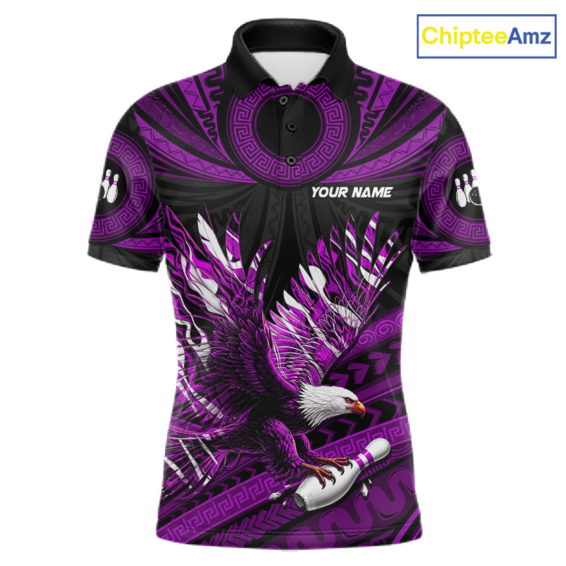Custom Purple Tribal Pattern Polynesian Eagle Bowling Men Polo Quarter-Zip Shirts, Bowling Team Attire NYN3689