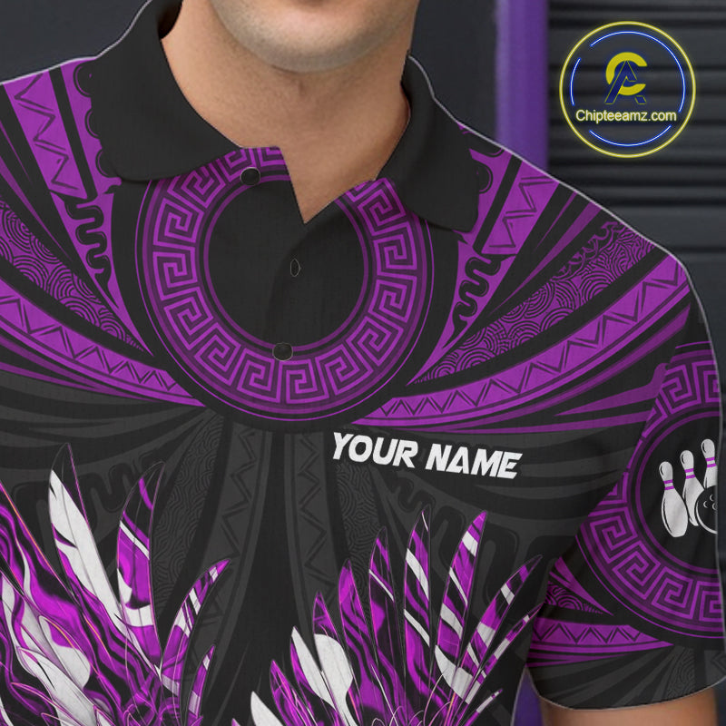 Custom Purple Tribal Pattern Polynesian Eagle Bowling Men Polo Quarter-Zip Shirts, Bowling Team Attire NYN3689