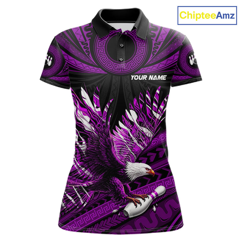 Custom Purple Tribal Pattern Polynesian Eagle Bowling Women Polo Quarter-Zip Shirts, Bowling Team Attire NYN3689