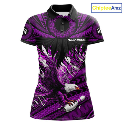 Custom Purple Tribal Pattern Polynesian Eagle Bowling Women Polo Quarter-Zip Shirts, Bowling Team Attire NYN3689