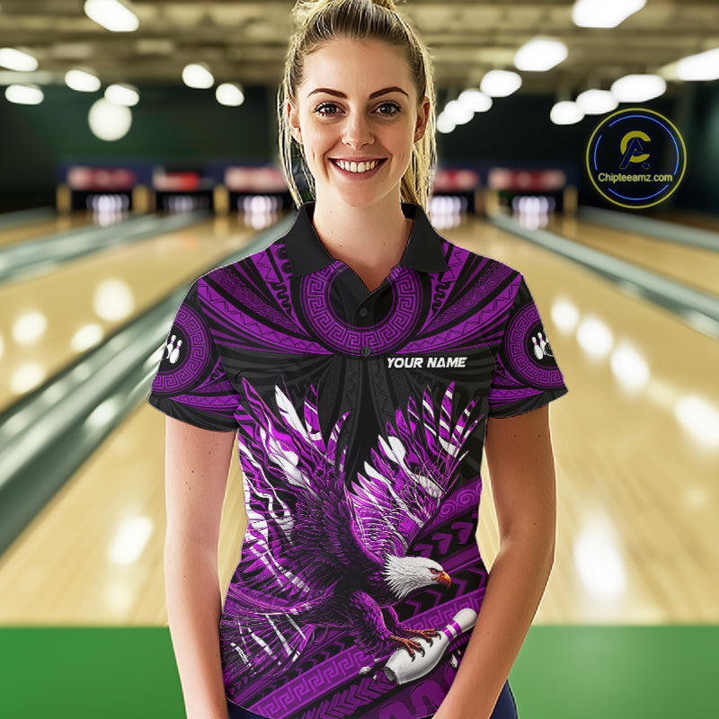 Custom Purple Tribal Pattern Polynesian Eagle Bowling Women Polo Quarter-Zip Shirts, Bowling Team Attire NYN3689