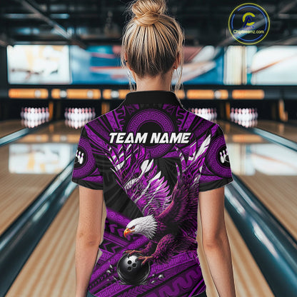 Custom Purple Tribal Pattern Polynesian Eagle Bowling Women Polo Quarter-Zip Shirts, Bowling Team Attire NYN3689