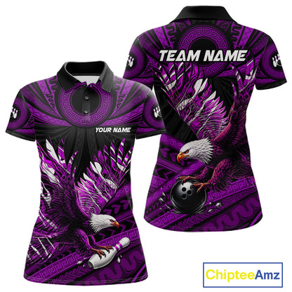 Custom Purple Tribal Pattern Polynesian Eagle Bowling Women Polo Quarter-Zip Shirts, Bowling Team Attire NYN3689