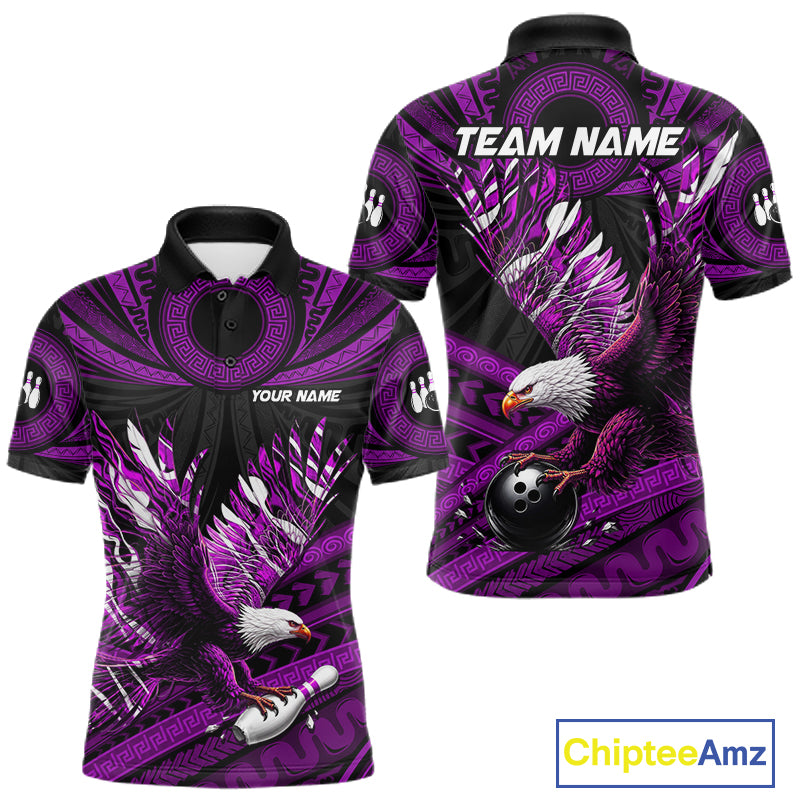 Custom Purple Tribal Pattern Polynesian Eagle Bowling Men Polo Quarter-Zip Shirts, Bowling Team Attire NYN3689