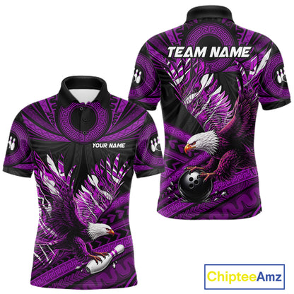 Custom Purple Tribal Pattern Polynesian Eagle Bowling Men Polo Quarter-Zip Shirts, Bowling Team Attire NYN3689