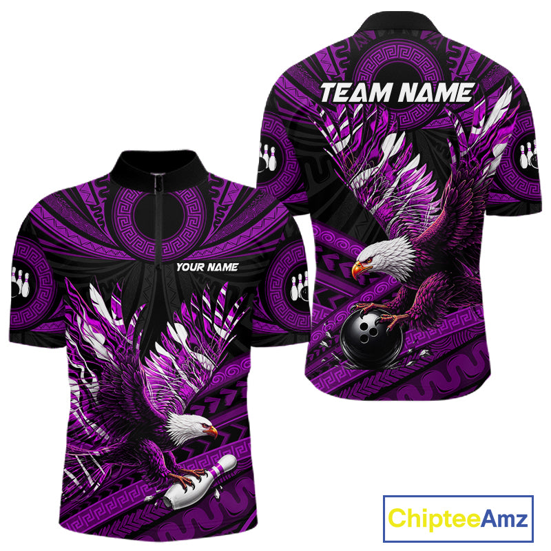 Custom Purple Tribal Pattern Polynesian Eagle Bowling Men Polo Quarter-Zip Shirts, Bowling Team Attire NYN3689