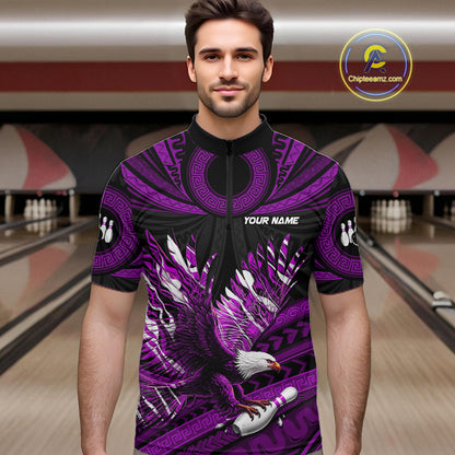 Custom Purple Tribal Pattern Polynesian Eagle Bowling Men Polo Quarter-Zip Shirts, Bowling Team Attire NYN3689