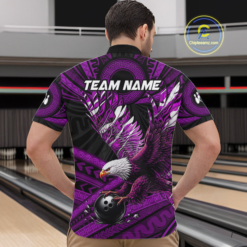 Custom Purple Tribal Pattern Polynesian Eagle Bowling Men Polo Quarter-Zip Shirts, Bowling Team Attire NYN3689
