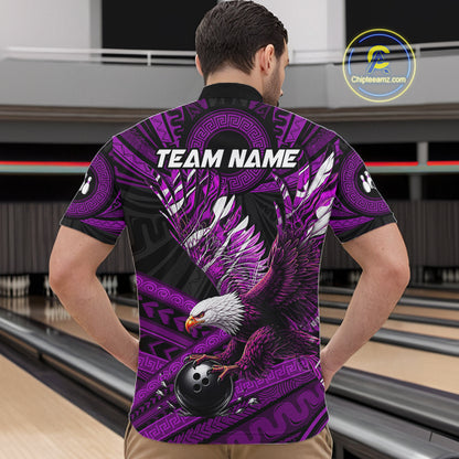 Custom Purple Tribal Pattern Polynesian Eagle Bowling Men Polo Quarter-Zip Shirts, Bowling Team Attire NYN3689