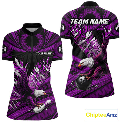 Custom Purple Tribal Pattern Polynesian Eagle Bowling Women Polo Quarter-Zip Shirts, Bowling Team Attire NYN3689