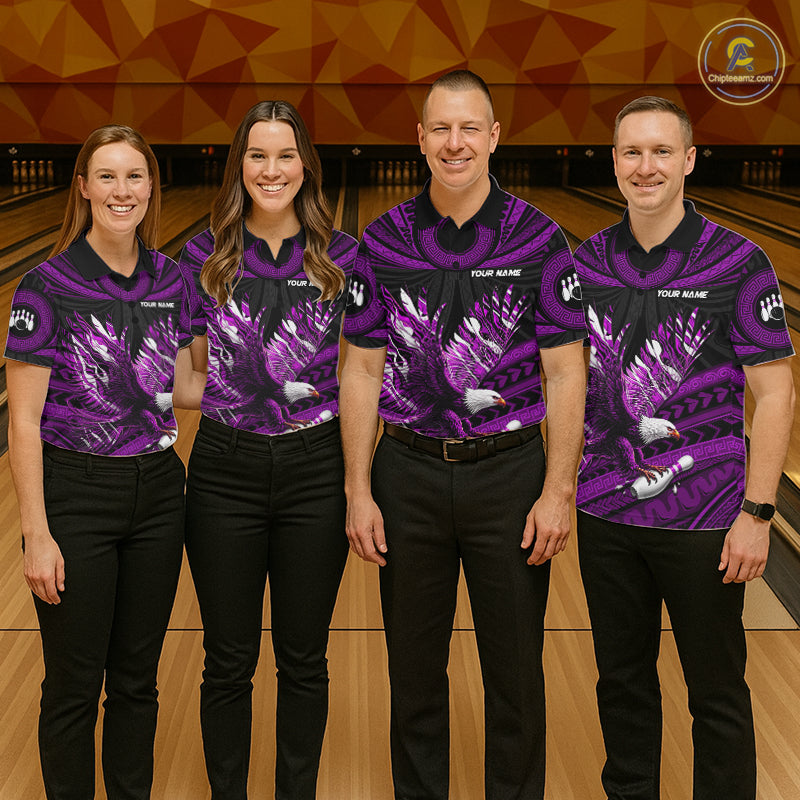 Custom Purple Tribal Pattern Polynesian Eagle Bowling Women Polo Quarter-Zip Shirts, Bowling Team Attire NYN3689