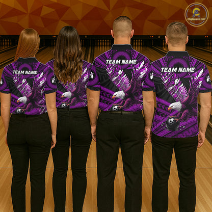 Custom Purple Tribal Pattern Polynesian Eagle Bowling Women Polo Quarter-Zip Shirts, Bowling Team Attire NYN3689