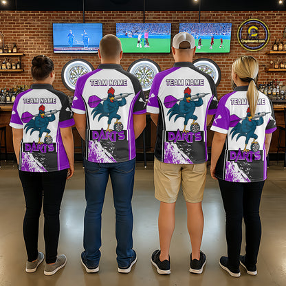Purple Fiery Rooster Fury Dart Arrow Men Funny Darts Quarter- Zip Shirt Custom Name Darts Jersey NYN2112