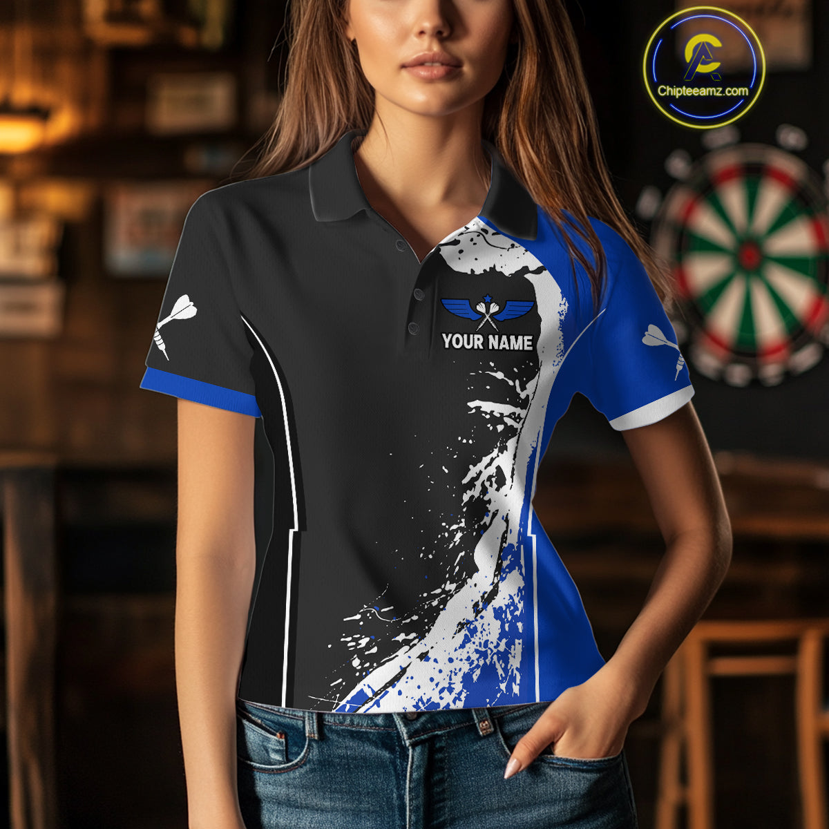 Blue Fiery Rooster Fury Dart Arrow Women Funny Darts Polo Shirt Custom Name Darts Jersey NYN2113
