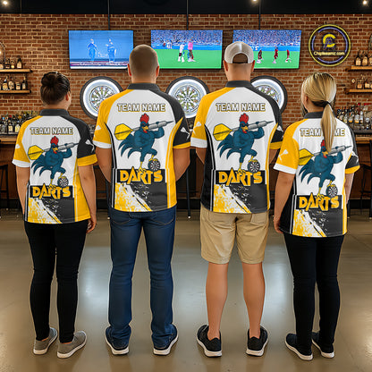 Yellow Fiery Rooster Fury Dart Arrow Men Funny Darts Polo Shirt Custom Name Darts Jersey NYN2114