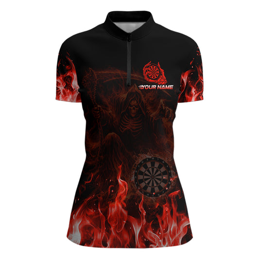 Custom Red Flaming Grim Reaper Dartboard Women Dart Polo Shirt Personalized Skull Dart Team Jerseys NYN2774