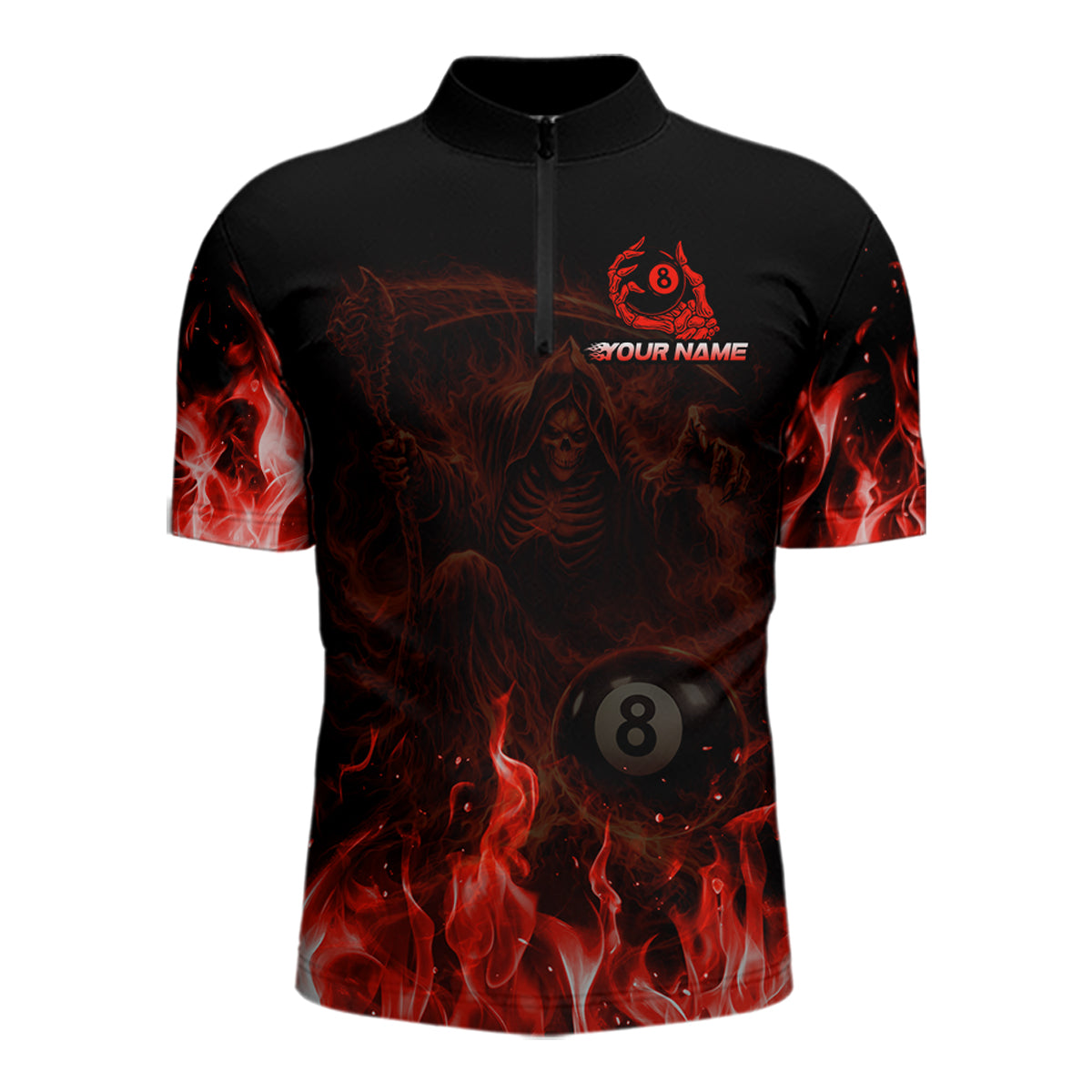 Custom Red Flaming Grim Reaper 8 Ball Billiard Pool Shirts For Men Bowling Polo & 1/4-Zip Jersey NYN2775