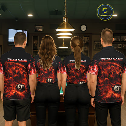 Custom Red Flaming Grim Reaper 8 Ball Billiard Pool Shirts For Men Bowling Polo & 1/4-Zip Jersey NYN2775
