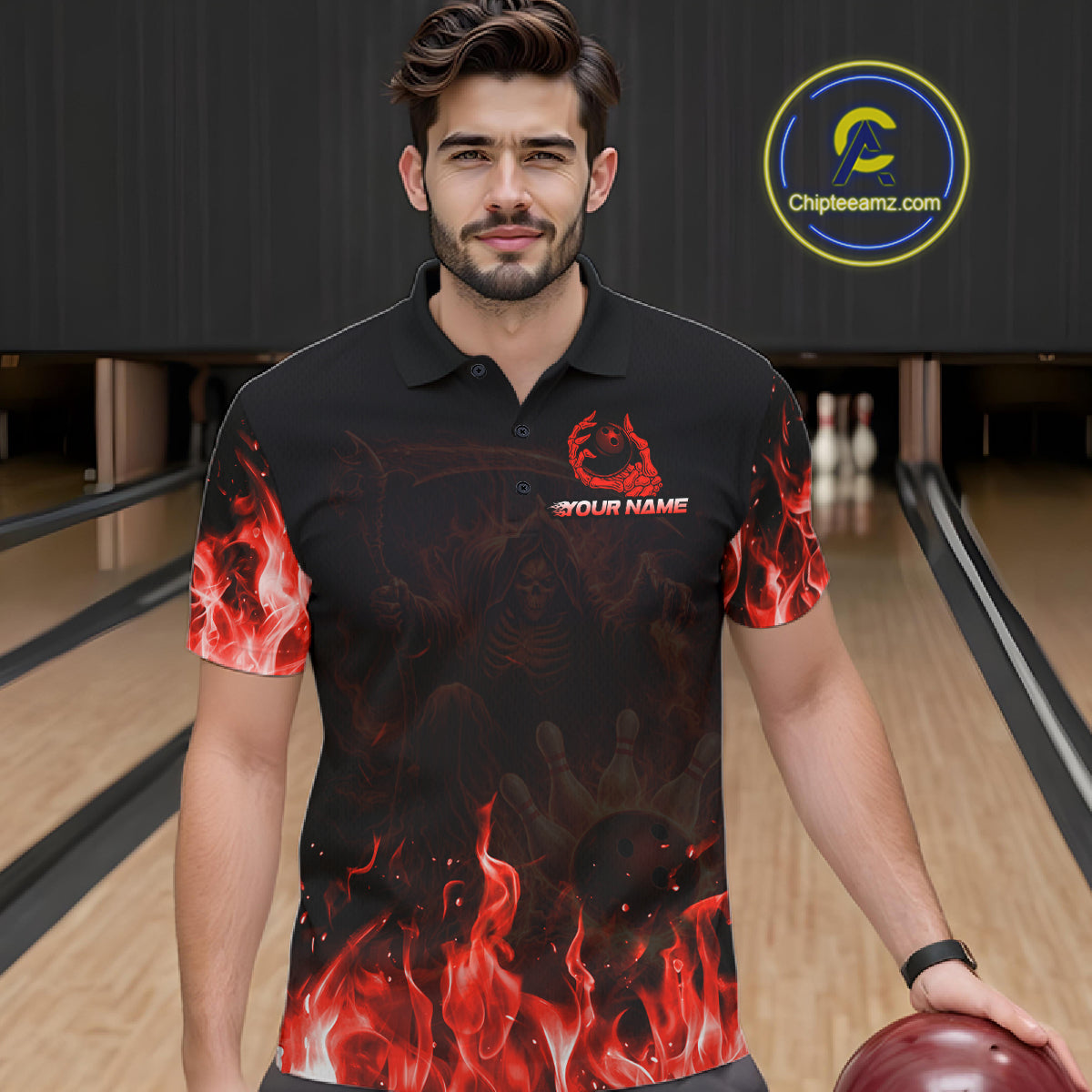 Personalized Red Flaming Grim Reaper Bowling Team Shirts For Women Bowling Polo & 1/4-Zip Jersey NYN2776