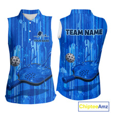 Load image into Gallery viewer, Custom Blue Dripping Pickleball Paddle &amp; Ball Sleeveless Polo Jerseys Women Splashed Colorful Pickleball Shirt NYN2784