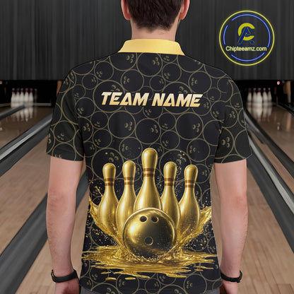 Splatter Gold Dripping Bowling And Pins Jerseys For Men Custom Bowling Ball Shirt Team Attire NYN3180