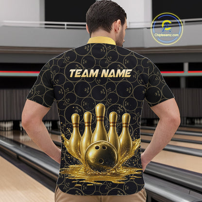 Splatter Gold Dripping Bowling And Pins Jerseys For Men Custom Bowling Ball Shirt Team Attire NYN3180