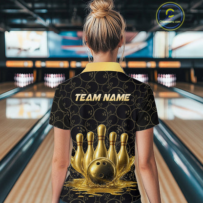 Splatter Gold Dripping Bowling And Pins Jerseys For Women Custom Bowling Ball Shirt Team Attire NYN3180