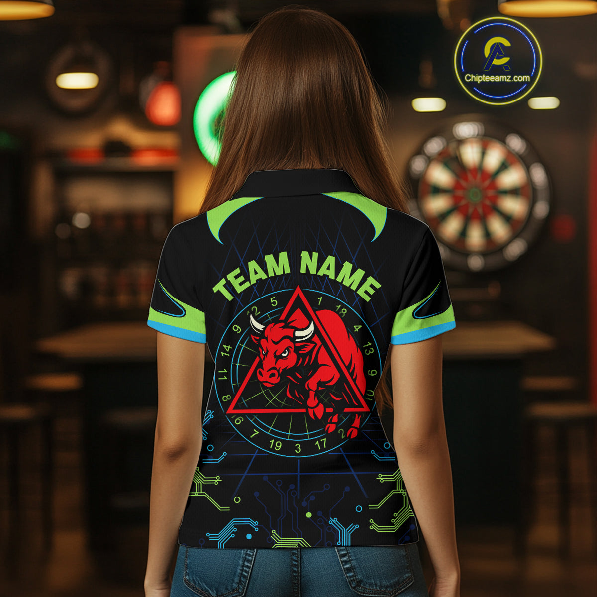 Multi Color Techno Grid & Bull Women's Darts Shirt - Custom Name For Darts Jersey NYN0475