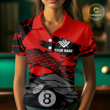 Load image into Gallery viewer, Female model wearing Grunge Black &amp; Red women's billiard polo, personalized USA pool jersey, patriotic tournament apparel, custom cue sports performance clothing