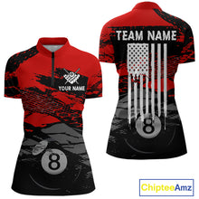 Load image into Gallery viewer, Grunge Black &amp; Red women's quarter-zip billiard jersey featuring distressed American Flag design, custom tournament shirt, patriotic pool league apparel, championship cue sports clothing