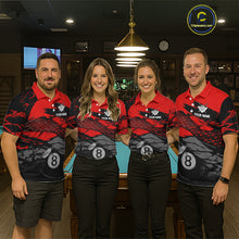 Load image into Gallery viewer, Matching Grunge Black &amp; Red billiard team jerseys with American Flag artwork, patriotic APA tournament uniforms, veterans event apparel, championship cue sports team clothing, matching league jerseys