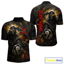 Load image into Gallery viewer, Grunge Yellow &amp; Red Grim Reaper men's quarter-zip pool jersey featuring aggressive Grim Reaper artwork, custom billiard tournament shirt, personalized biker-style cue sports apparel