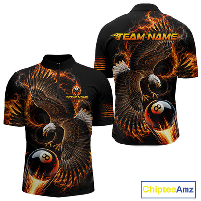 Custom Thunder 8 Ball Pool Jersey Mens Flame Eagle Billiard Polo Quarter-Zip Shirt | Orange NYN4003