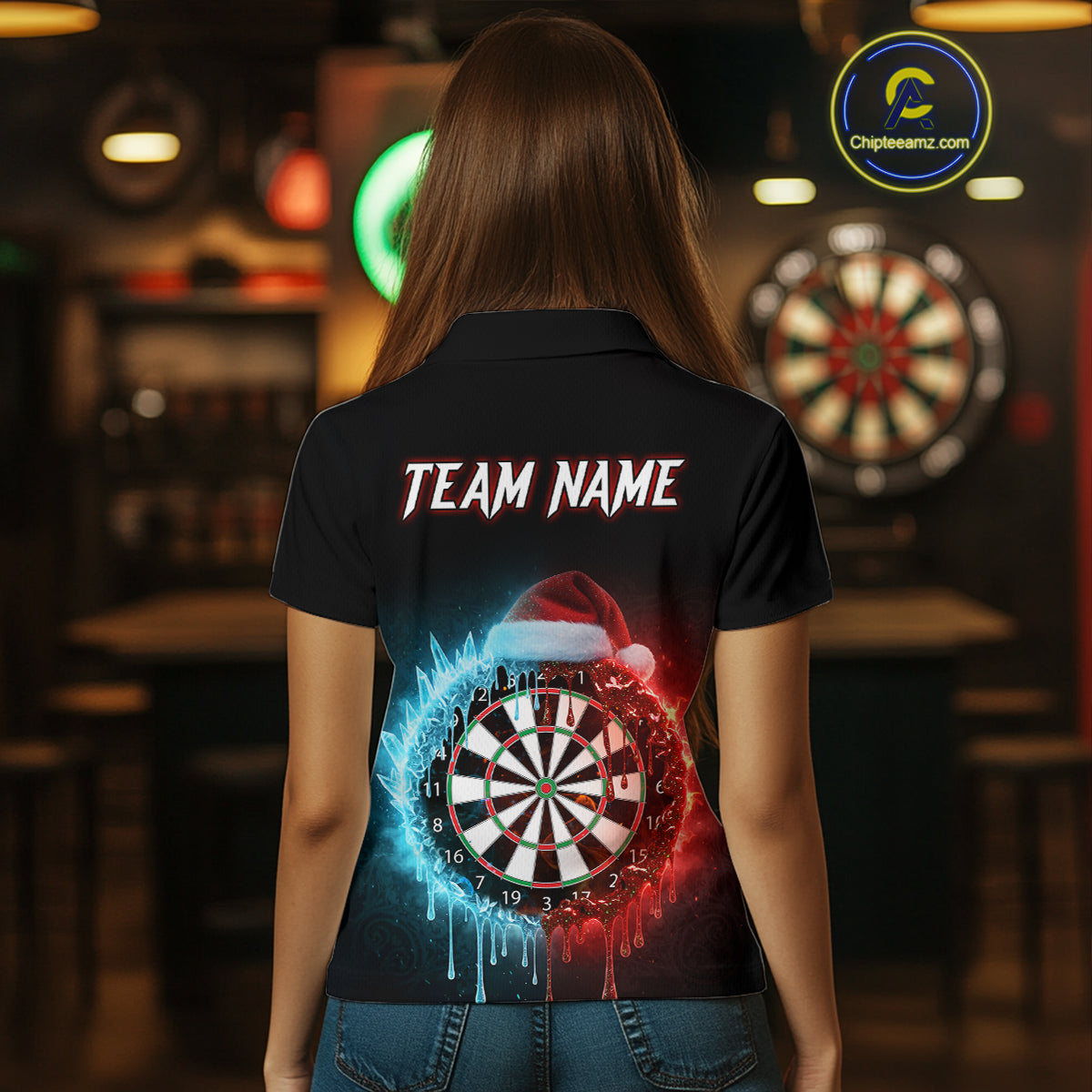 Custom Red Santa Hat & Ice Dartboard Women Darts Polo Shirt Outfits Christmas Dart Jerseys NYN1895
