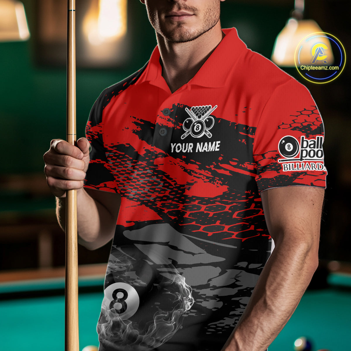 Black & Red Grunge 8 Ball Pool Men Billiard Polo & 1/4-Zip Jersey Custom Billiard Shirt Designs NYN2411