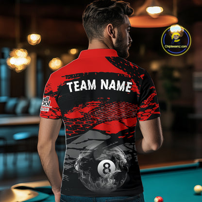 Black & Red Grunge 8 Ball Pool Men Billiard Polo & 1/4-Zip Jersey Custom Billiard Shirt Designs NYN2411
