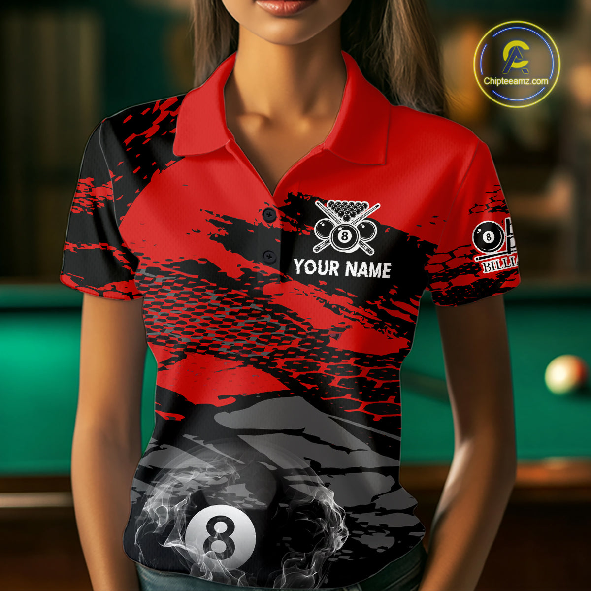 Black & Red Grunge 8 Ball Pool Women Billiard Polo & 1/4-Zip Jersey Custom Billiard Shirt Designs NYN2411