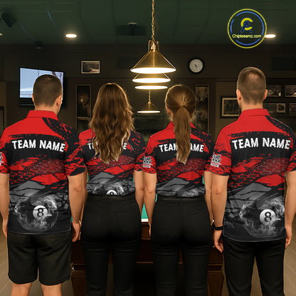 Black & Red Grunge 8 Ball Pool Men Billiard Polo & 1/4-Zip Jersey Custom Billiard Shirt Designs NYN2411