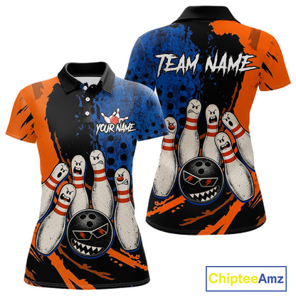 Custom Grunge Orange And Blue Angry Women Bowling Ball & Pins Shirts Funny Bowling Team Outfits NYN3185