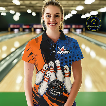 Custom Grunge Orange And Blue Angry Women Bowling Ball & Pins Shirts Funny Bowling Team Outfits NYN3185