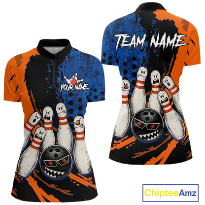 Custom Grunge Orange And Blue Angry Women Bowling Ball & Pins Shirts Funny Bowling Team Outfits NYN3185