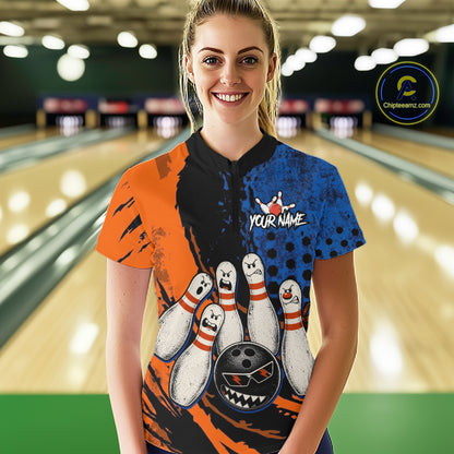 Custom Grunge Orange And Blue Angry Women Bowling Ball & Pins Shirts Funny Bowling Team Outfits NYN3185