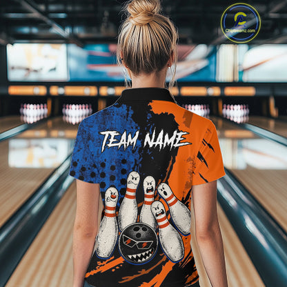 Custom Grunge Orange And Blue Angry Women Bowling Ball & Pins Shirts Funny Bowling Team Outfits NYN3185