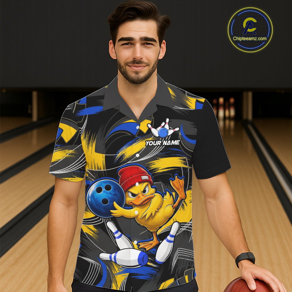 Male and female models wearing Funny Duck bowling Hawaiian shirts, playful bowling team apparel, tropical aloha button-up shirts, vacation resort clothing symbolizing humor, friendship, positivity, family fun and team spirit