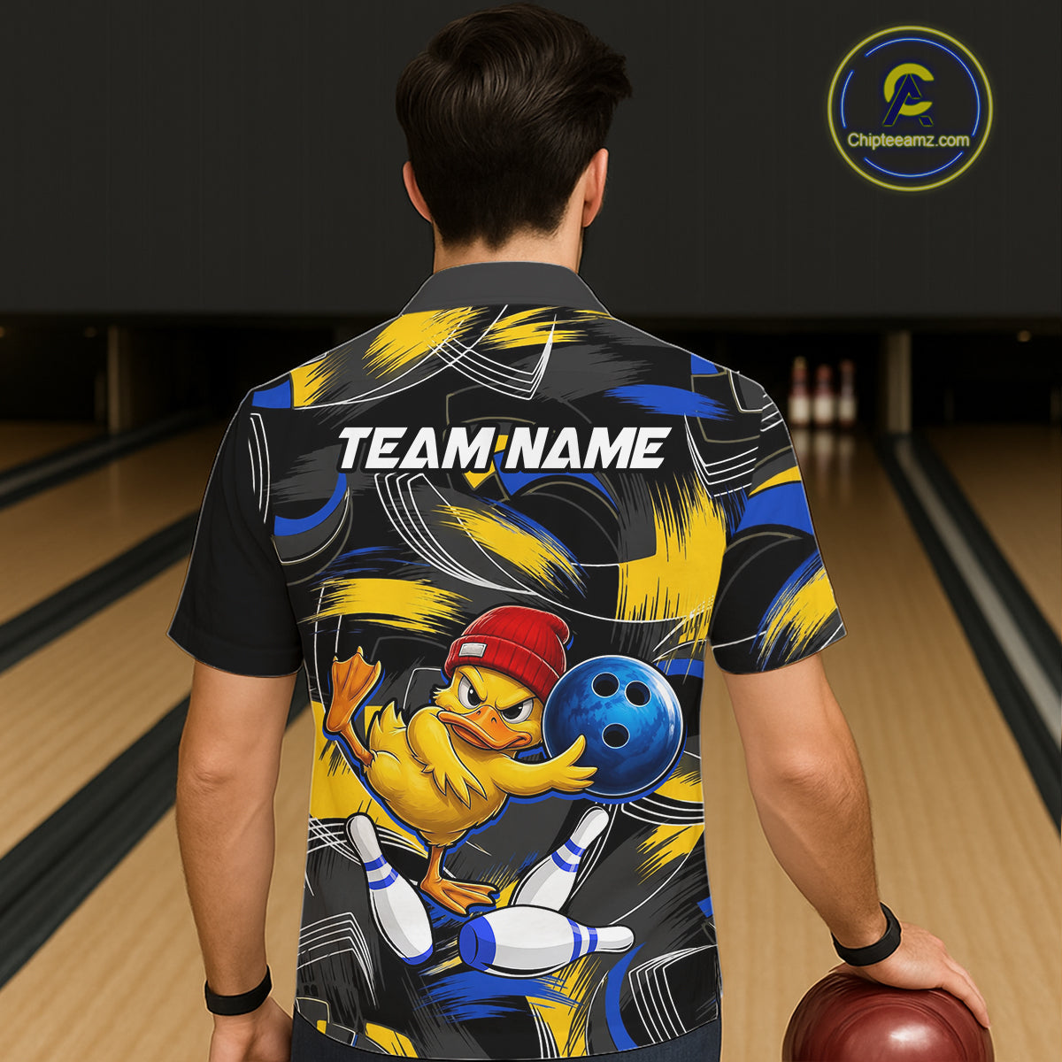 Male and female models wearing Funny Duck bowling Hawaiian shirts, playful bowling team apparel, tropical aloha button-up shirts, vacation resort clothing symbolizing humor, friendship, positivity, family fun and team spirit