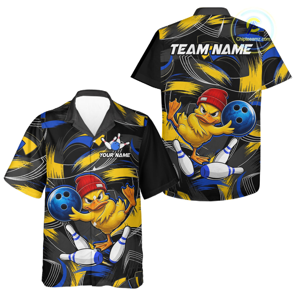 Blue and Yellow Funny Duck bowling Hawaiian shirt featuring humorous duck mascot graphics, tropical bowling button-up shirt, custom aloha team apparel, personalized league uniform, fun summer bowling vacation clothing