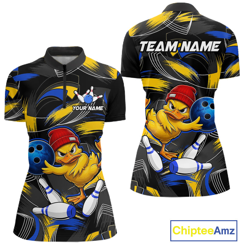 Blue And Yellow Funny Duck Bowling Shirts For Women Personalized Bowling Team Name Outfits NYN3190